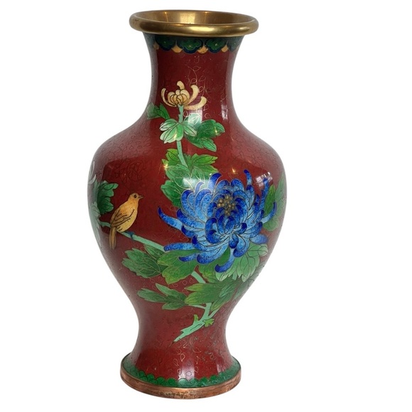Vintage Chinese Cloisonne Enamel Floral & Bird Vase 9" - Picture 1 of 9